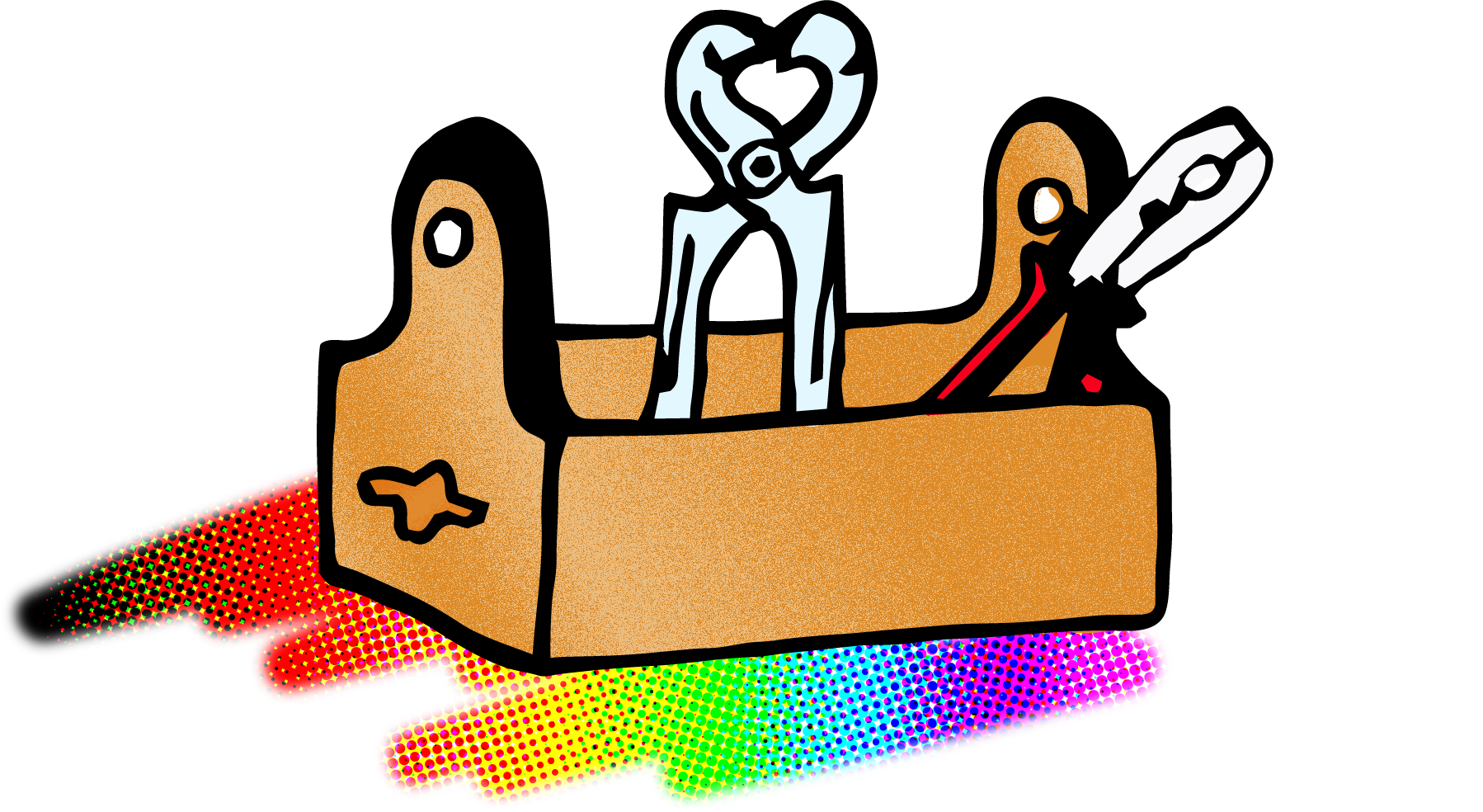 Eine Ilustration mit einer Werkzeugkiste. In der Kiste sind zwei Zangen. Aus der Kiste verlaufen nach unten Regenbogenfarben.