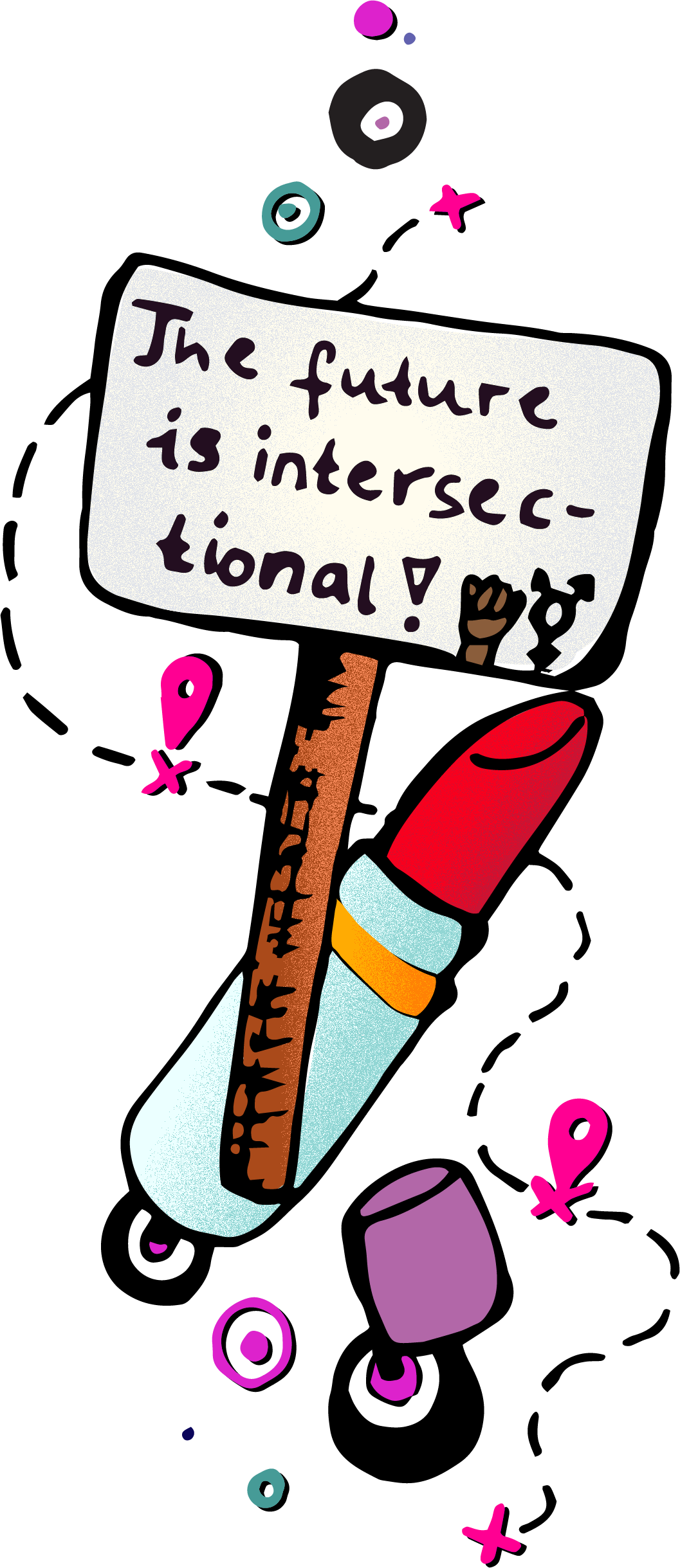 Eine Illustration mit einem Lippenstift und einem Plakat mit Aufschrift 'The future is intersectional'