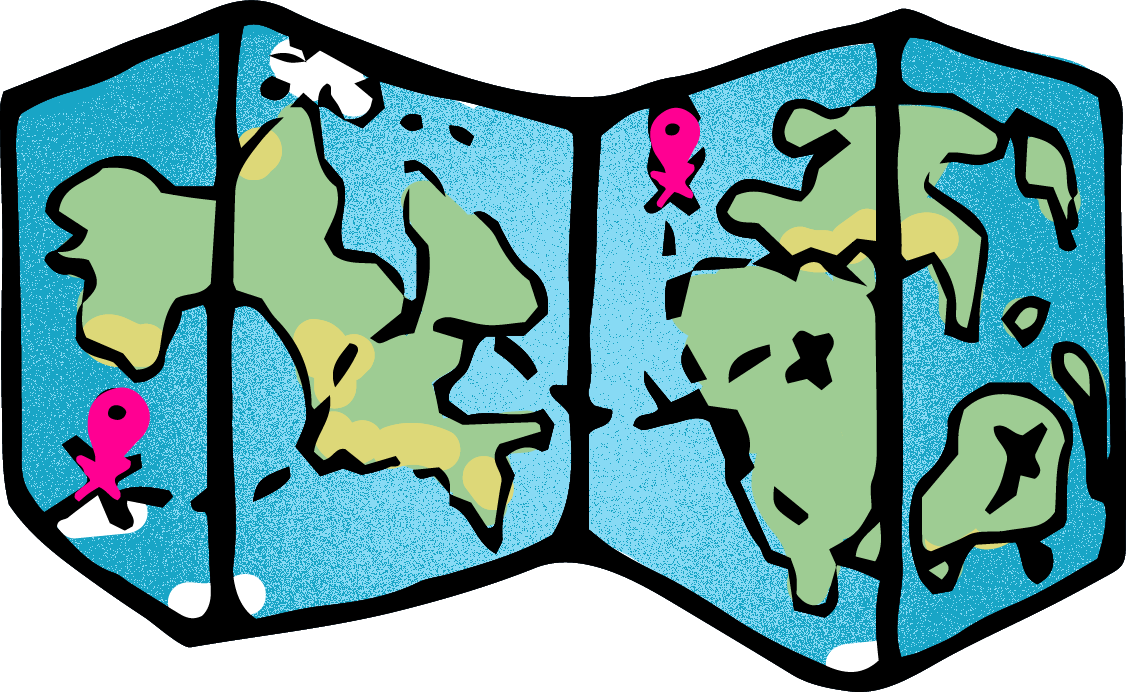 Illustration einer vierseitigen ausgeklappten Weltkarte. Auf der Karte sind zwei Orte in Pink markiert. Wege – oder Verbindungen – zwischen Orten werden als schwarz gestrichelte Linien angezeigt.