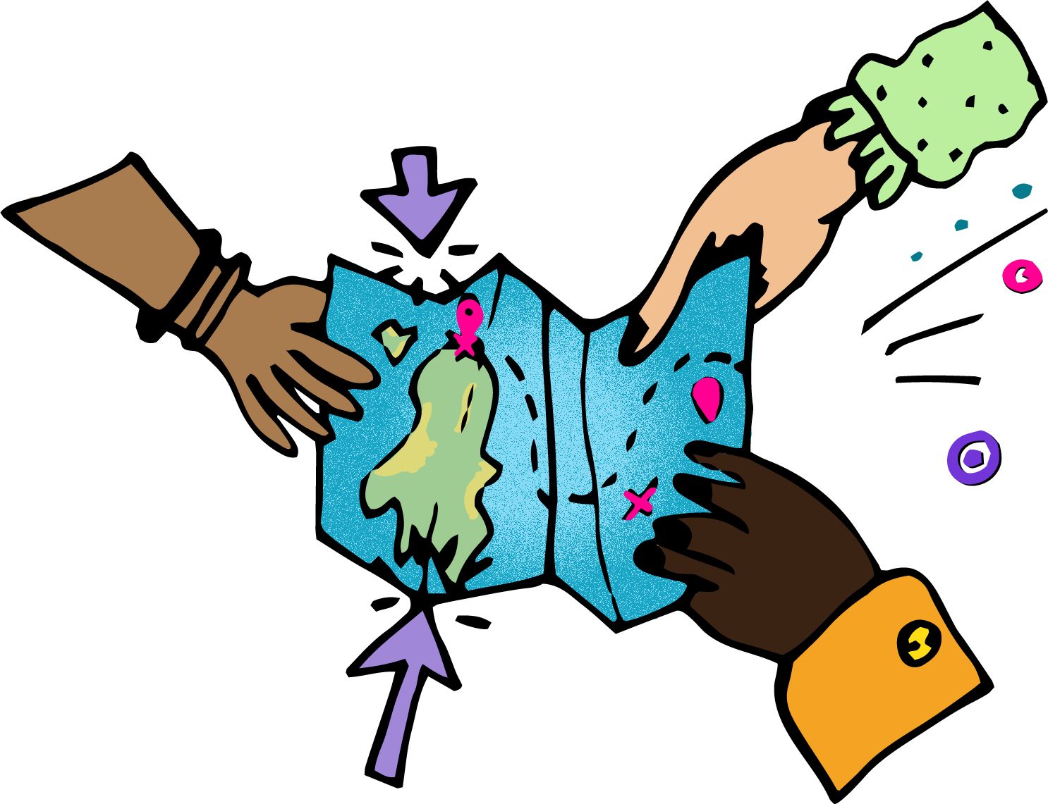 Illustration mit drei Händen die zusammen eine Weltkarte halten. Zwei lila Pfeile zeigen auf die Karte. Auf der Karte sind drei Orte in Pink markiert.